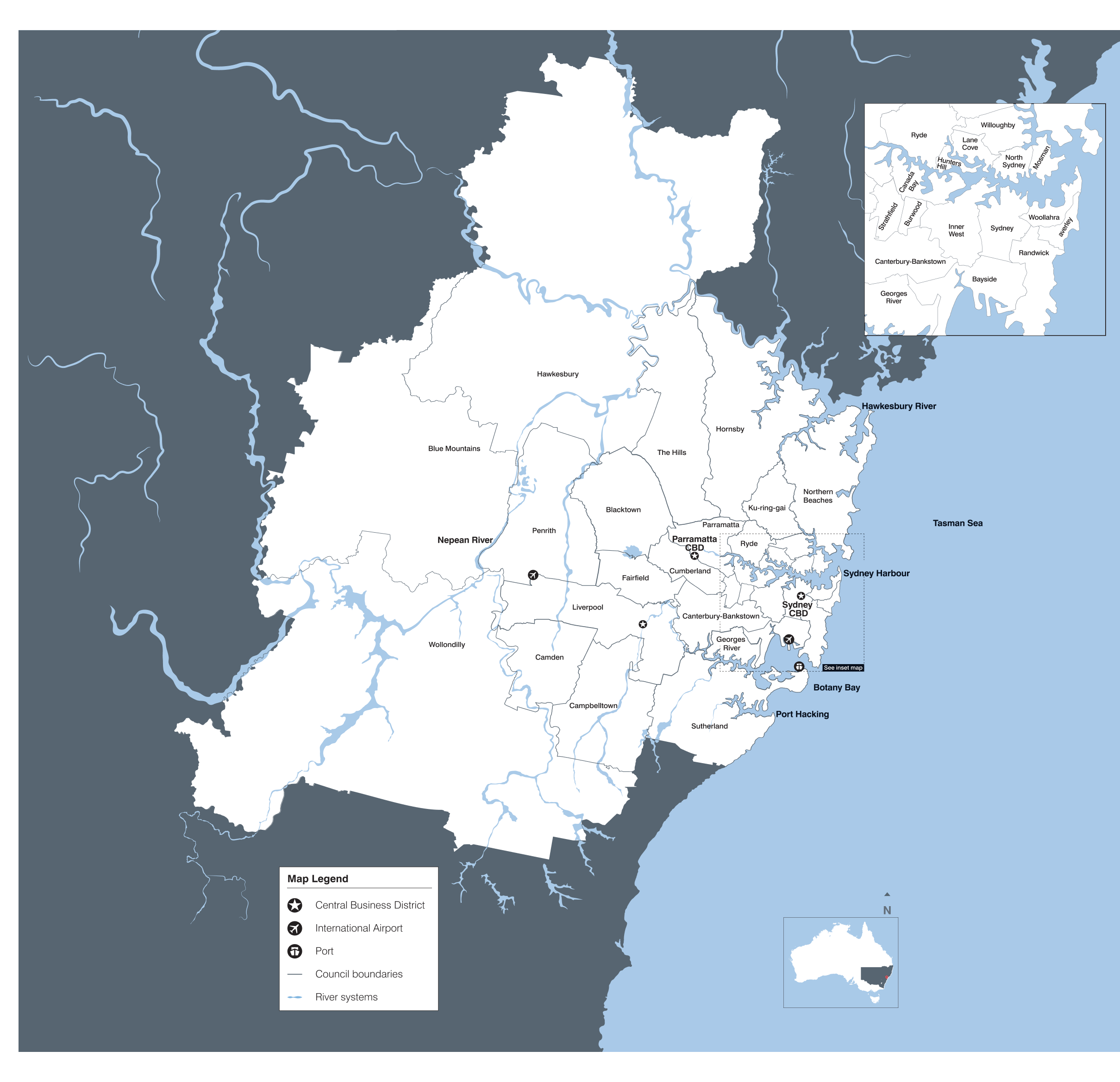 Map of Greater Sydney showing council boundaries, river systems and key locations